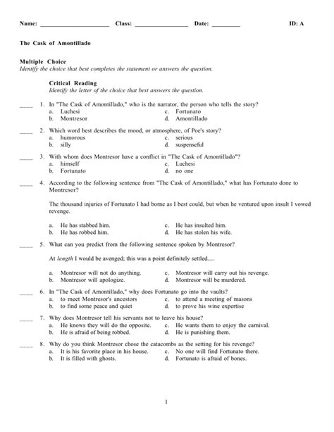the cask of amontillado worksheet answers